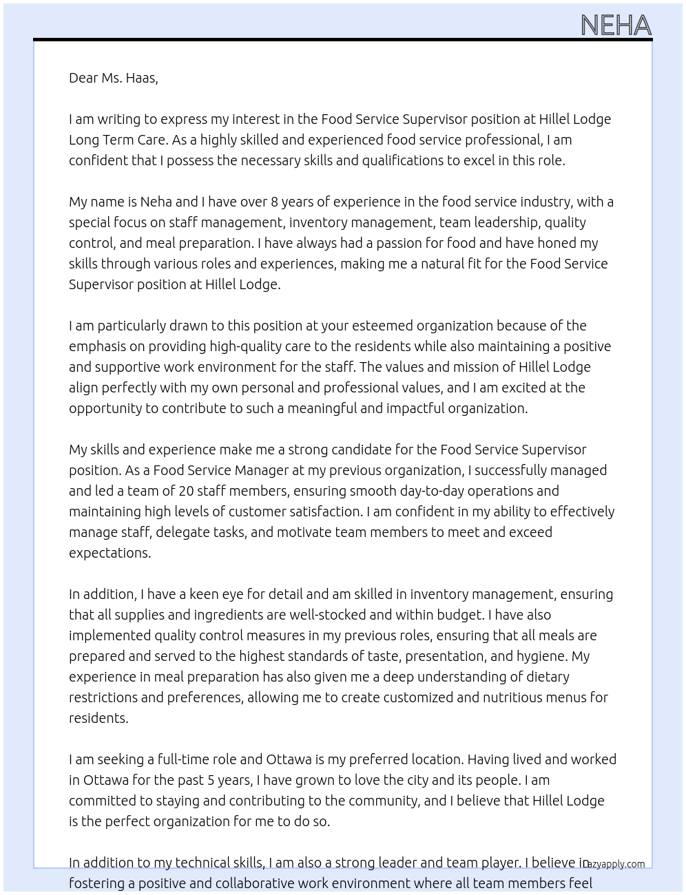Food service supervisor At Hillel Lodge Long term care Cover Letter