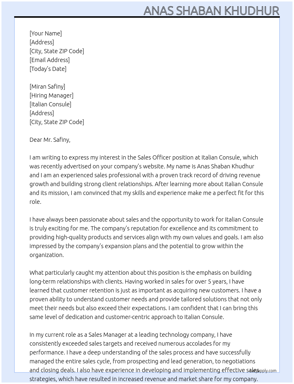 sales officer At italian consule Cover Letter