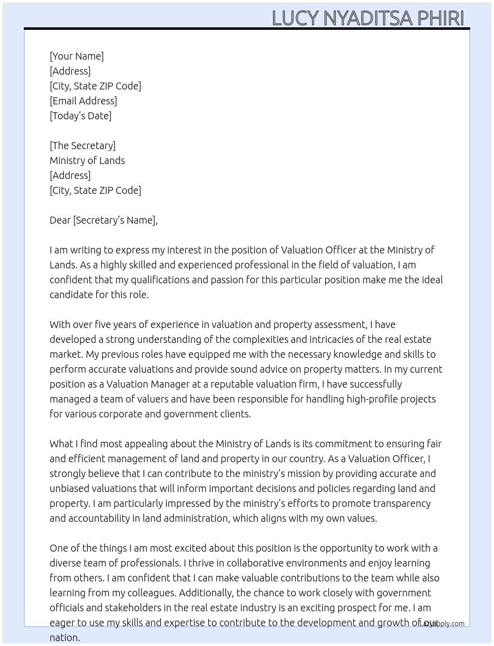 Valuation officer  At Ministry of lands Cover Letter