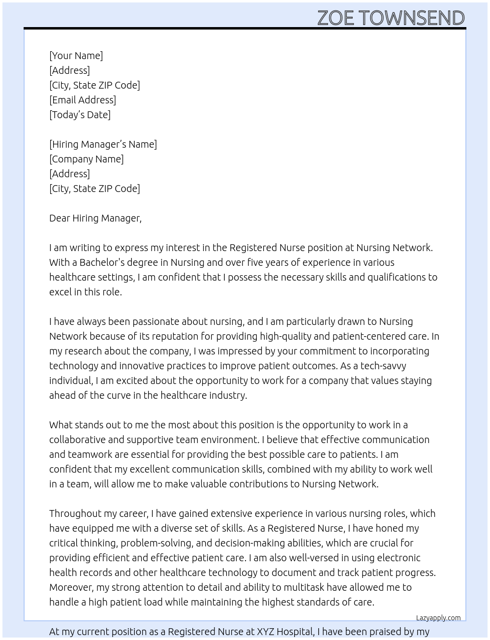 Registered Nurse At Nursing Network Cover Letter