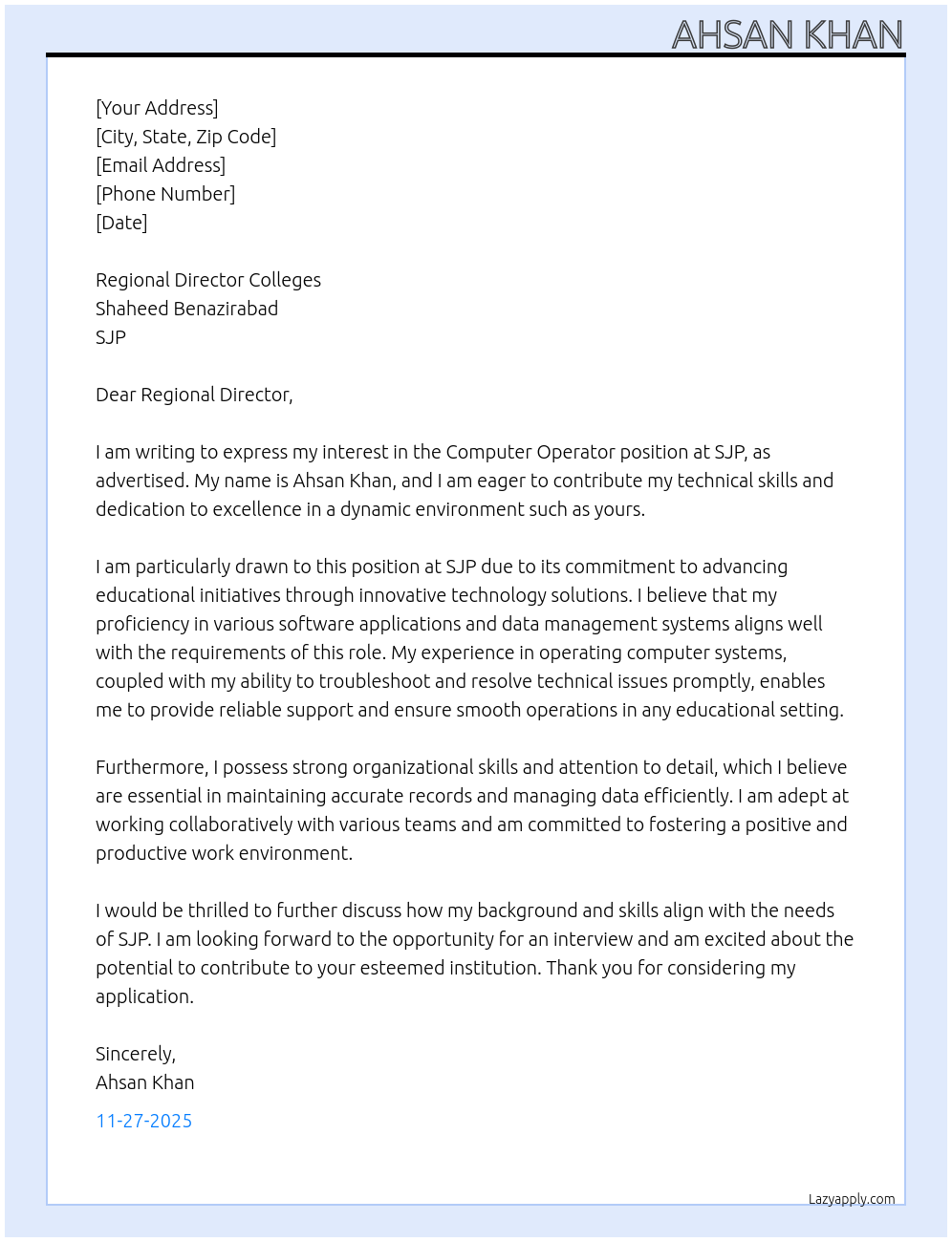 Cover letter for computer operator - LazyApply