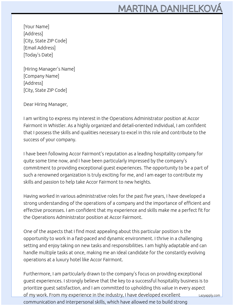 Operations Administrator At Accor Fairmont Cover Letter