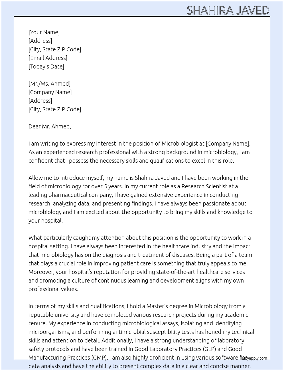 microbiologist At hospital Cover Letter