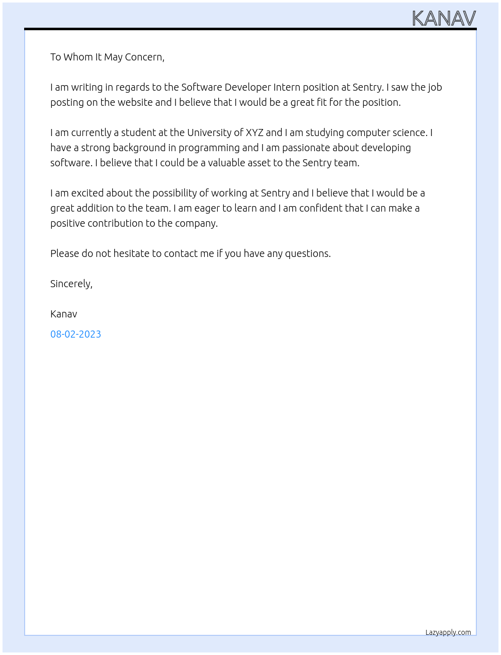 Software Developer Intern At Sentry Cover Letter