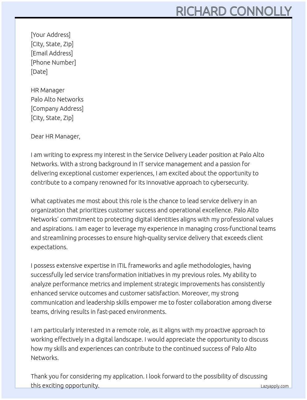 Service Deliver Leader At Palo Alto Networks Cover Letter