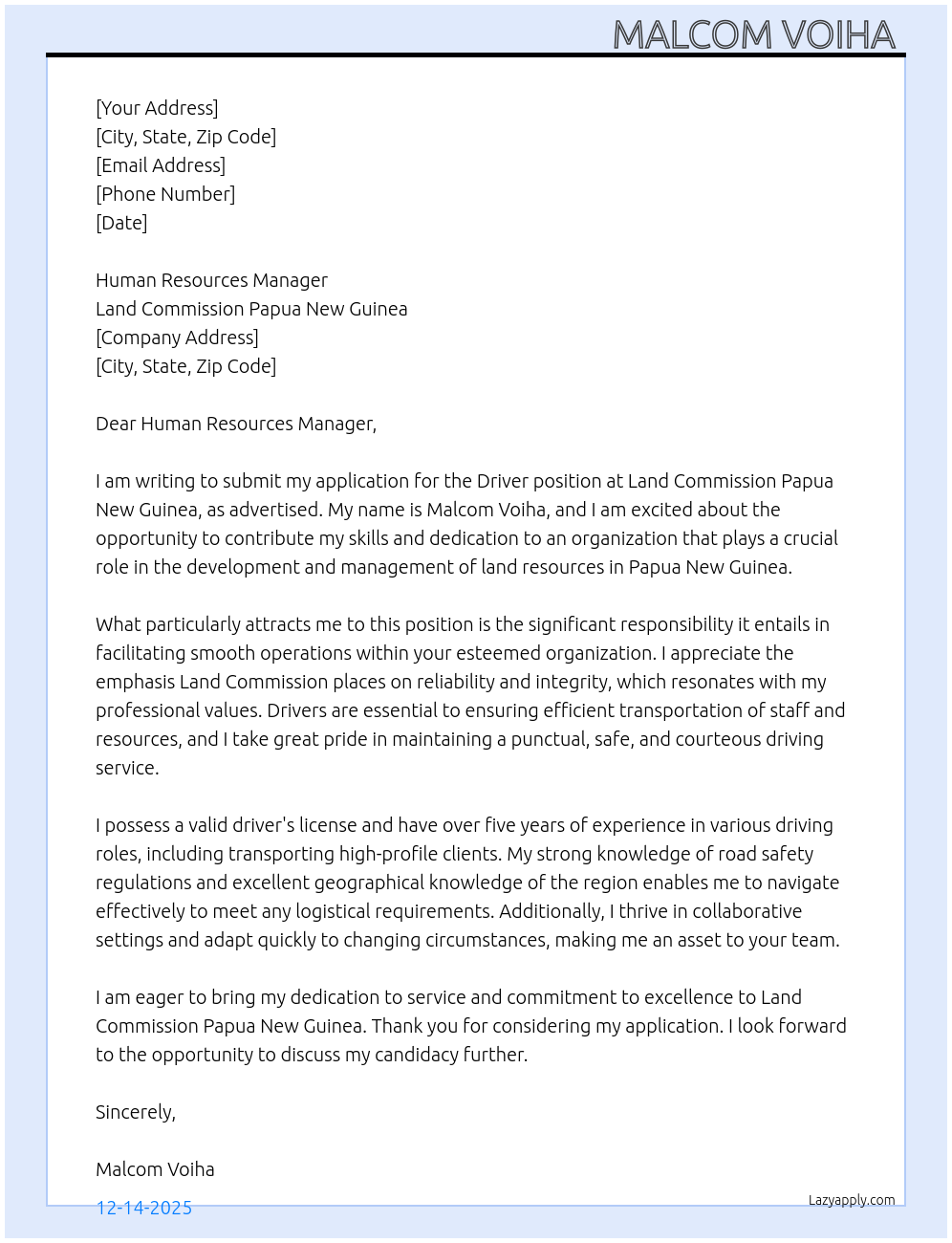 Driver At Land commission Papua New Guinea Cover Letter