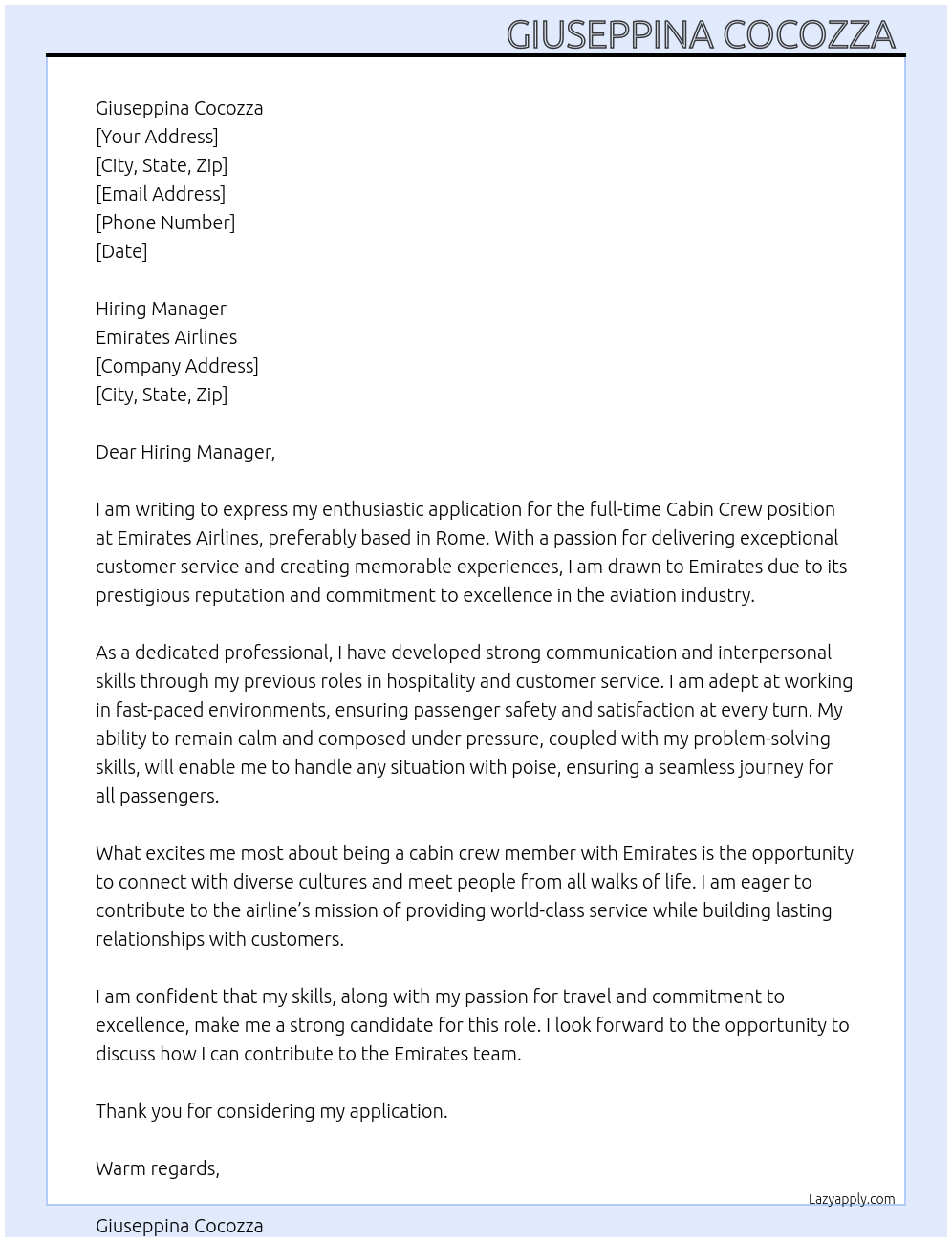 Cabin crew At Emirates Airlines  Cover Letter