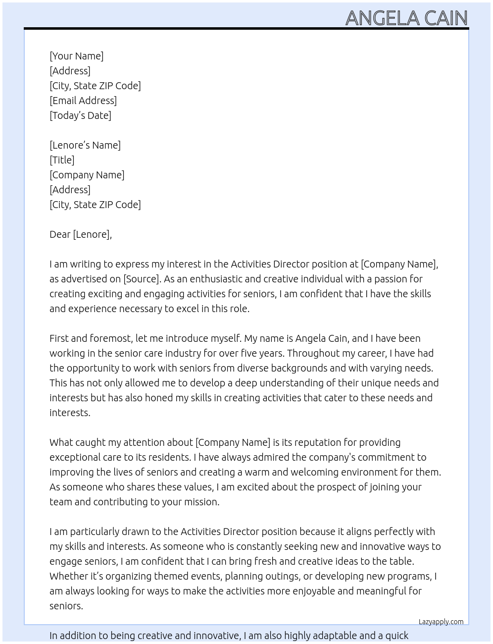 Activities Director At Seniors home Cover Letter