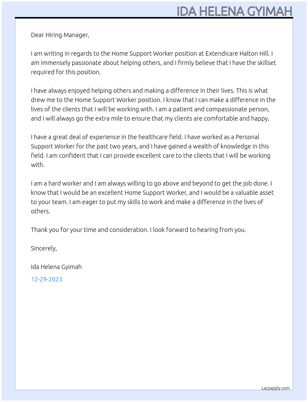 Home Support Worker At Extendicare Halton Hill Cover Letter