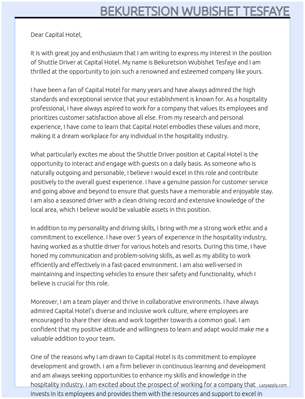 Shuttle Driver At Capital Hotel Cover Letter