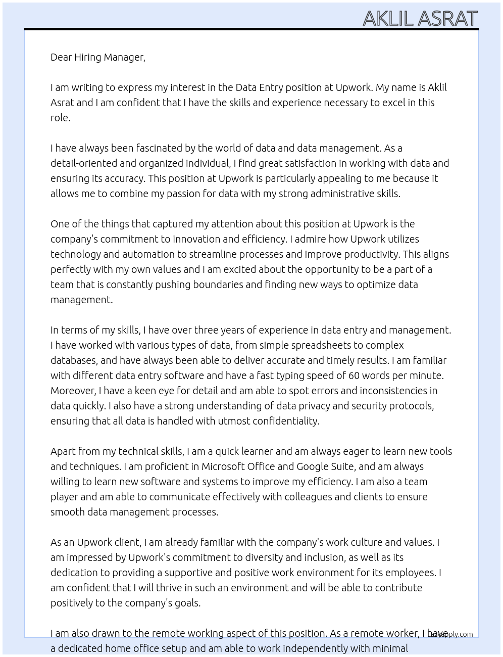 Data entery At Upwork client  Cover Letter