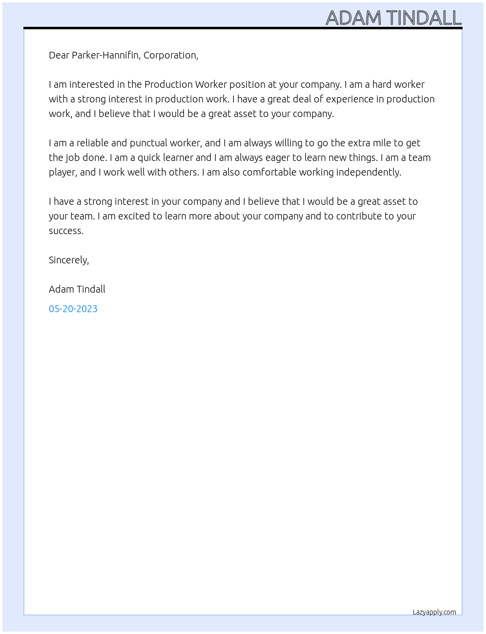 Production worker At Parker-Hannifin, Corporation Cover Letter