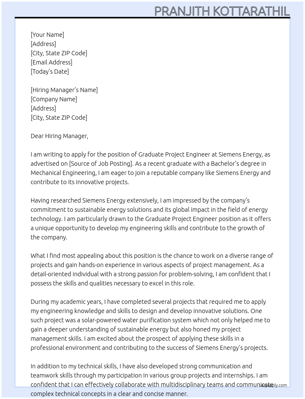 Graduate Project Engineer At Siemens Energy Cover Letter