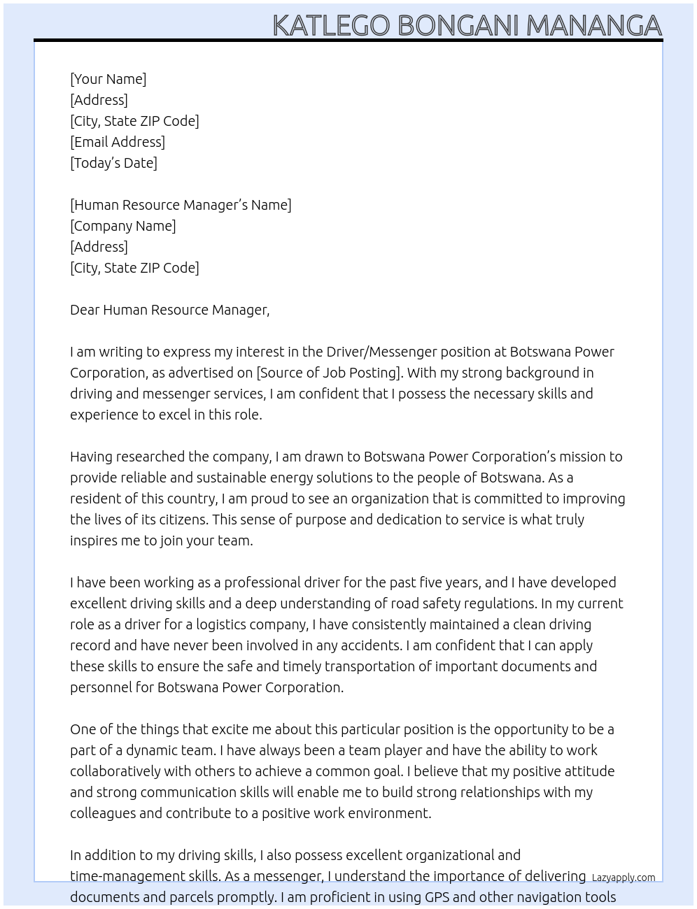 Driver/Messenger At Botswana Power Corporation Cover Letter