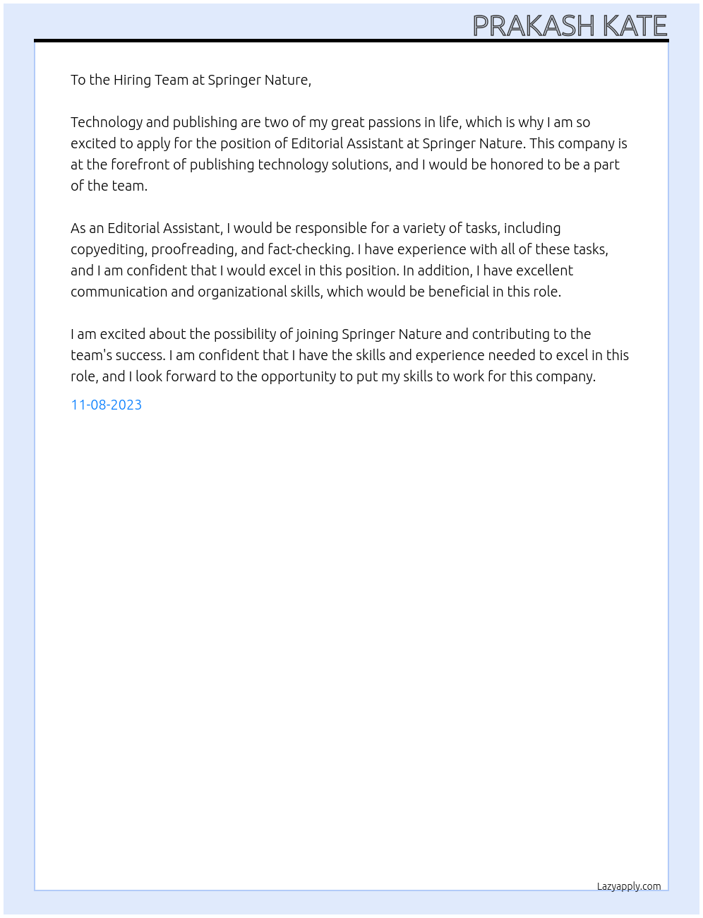 Editorial Assistant At pringer nature technology and publishing solutions Cover Letter