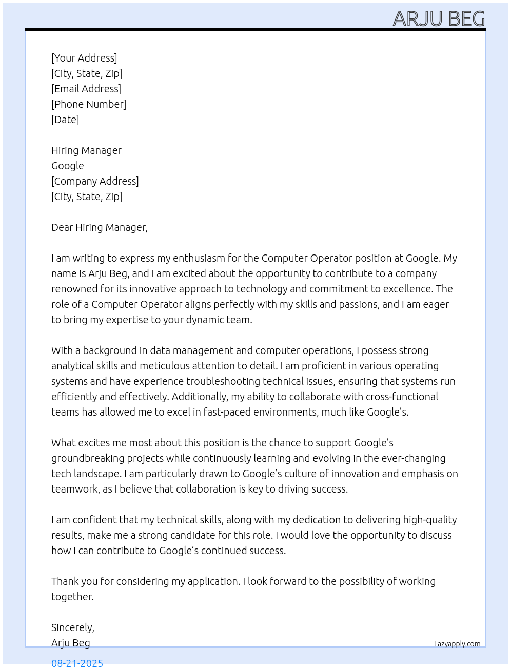 Computer operator At Google Cover Letter