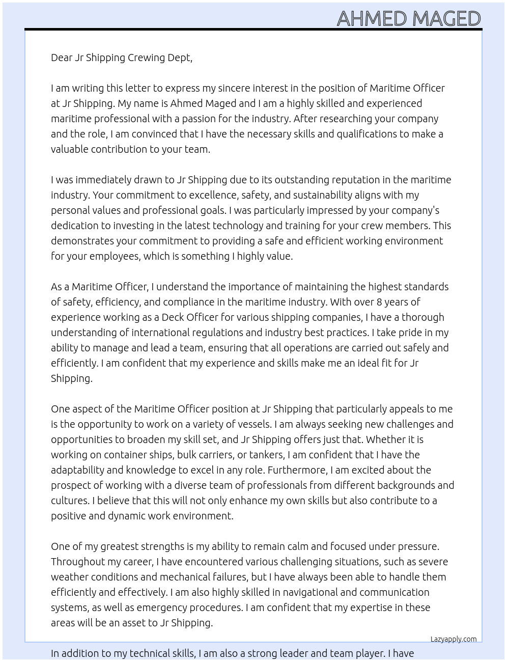 Maritime Officer At Jr Shipping Cover Letter