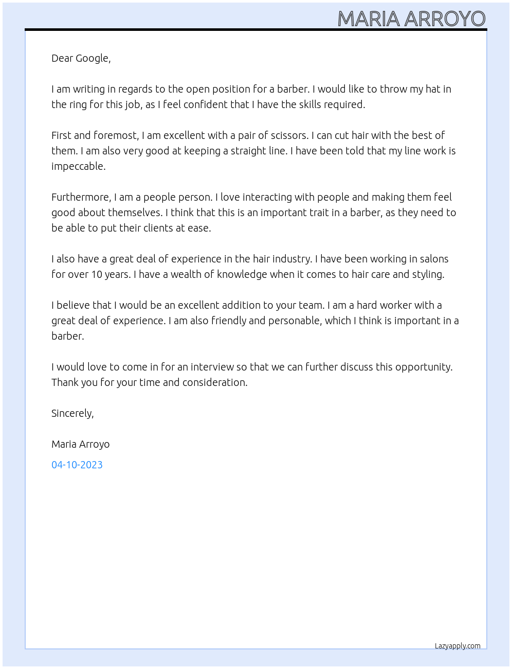 barber At google Cover Letter