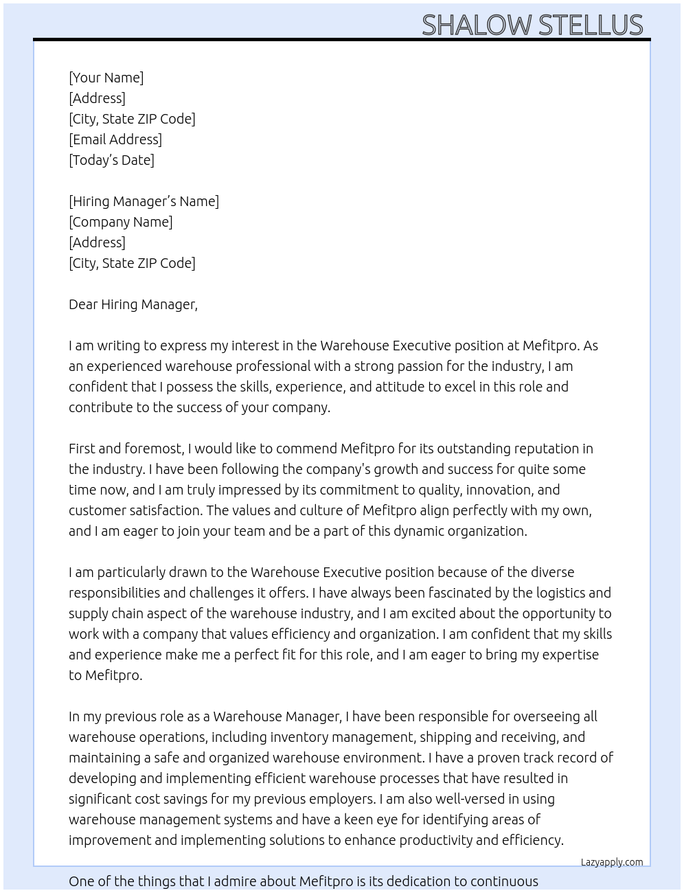Warehouse executive At Mefitpro Cover Letter