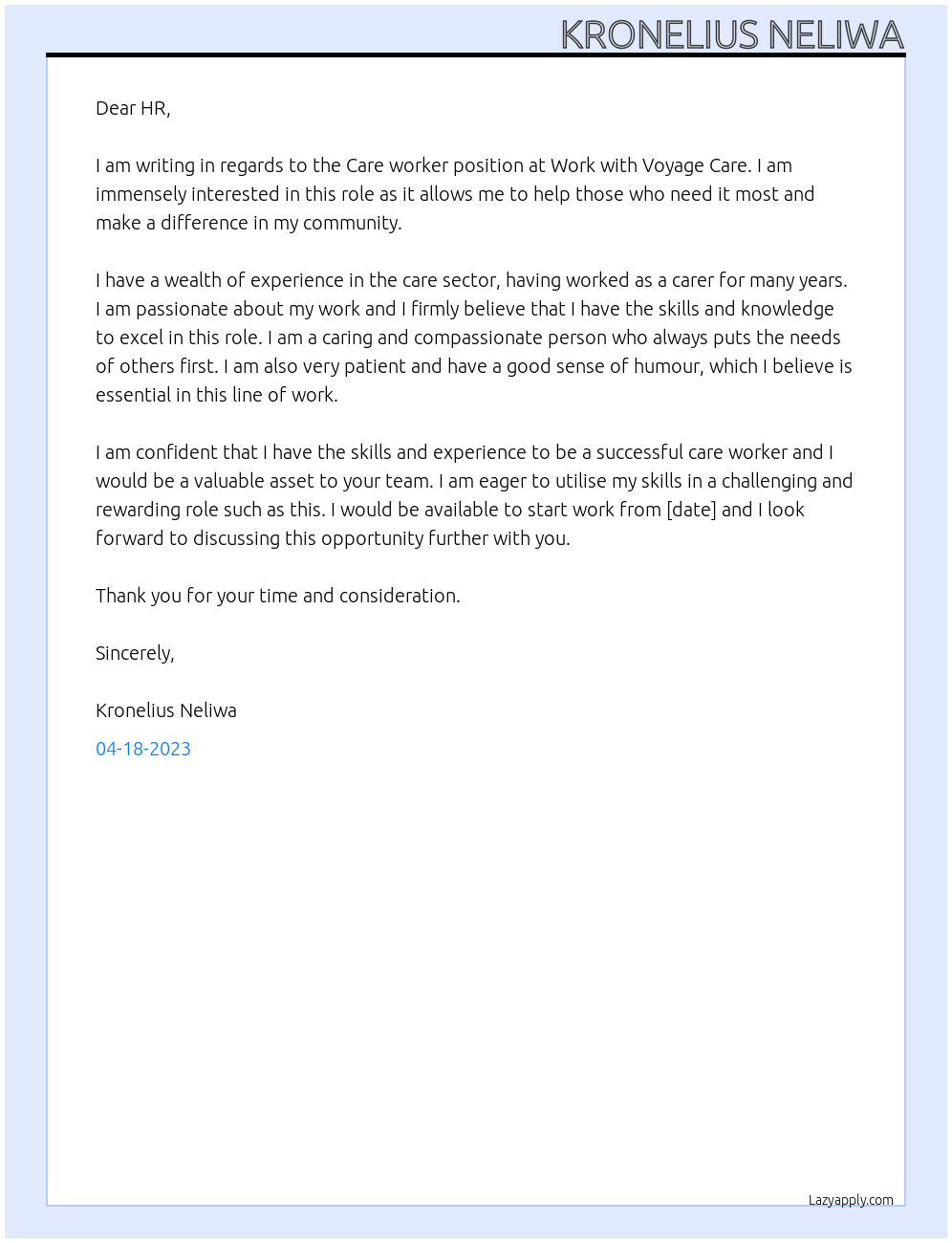 Care worker At Work with Voyage Care Cover Letter