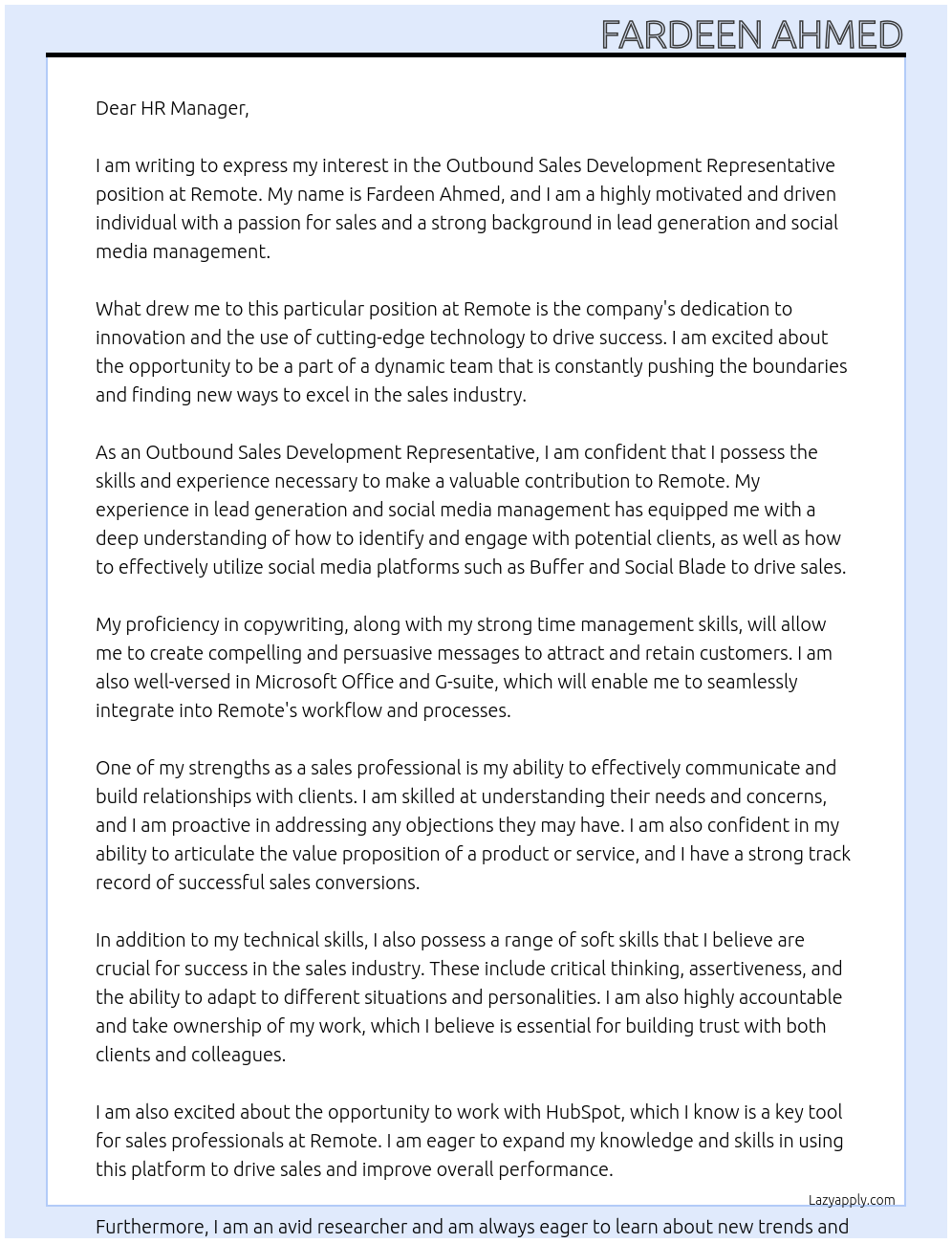 Outbound Sales Development Representative At Remote Cover Letter