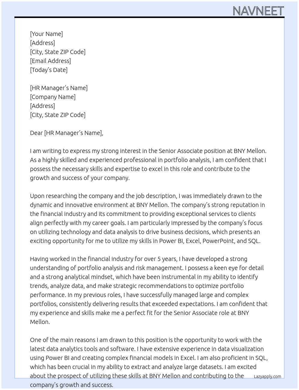 Senior Associate At BNY Mellon Cover Letter