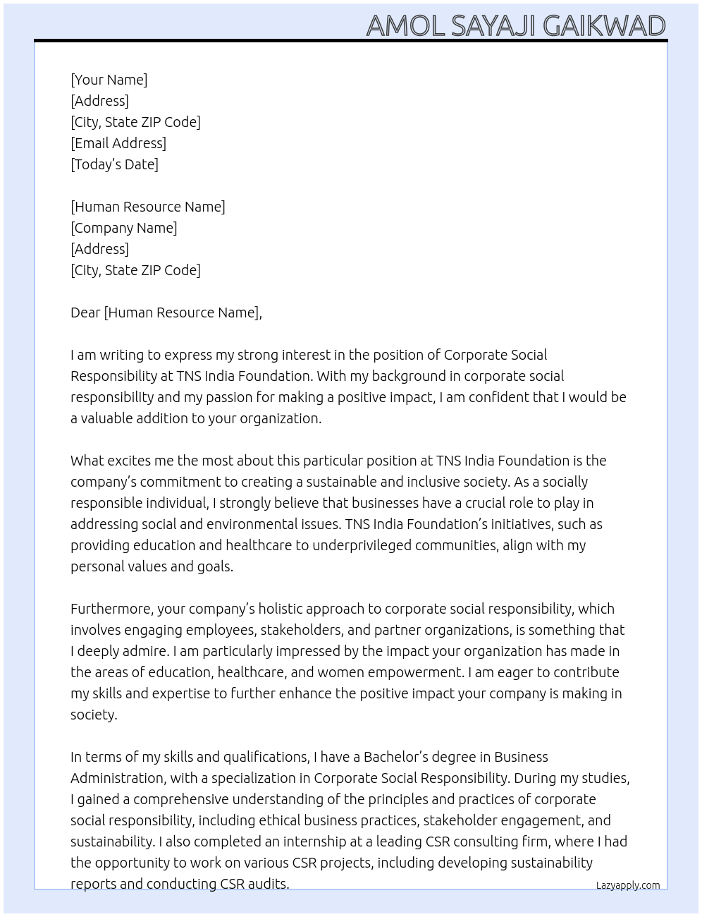 Corporate Social Responsibility At TNS india foundation Cover Letter