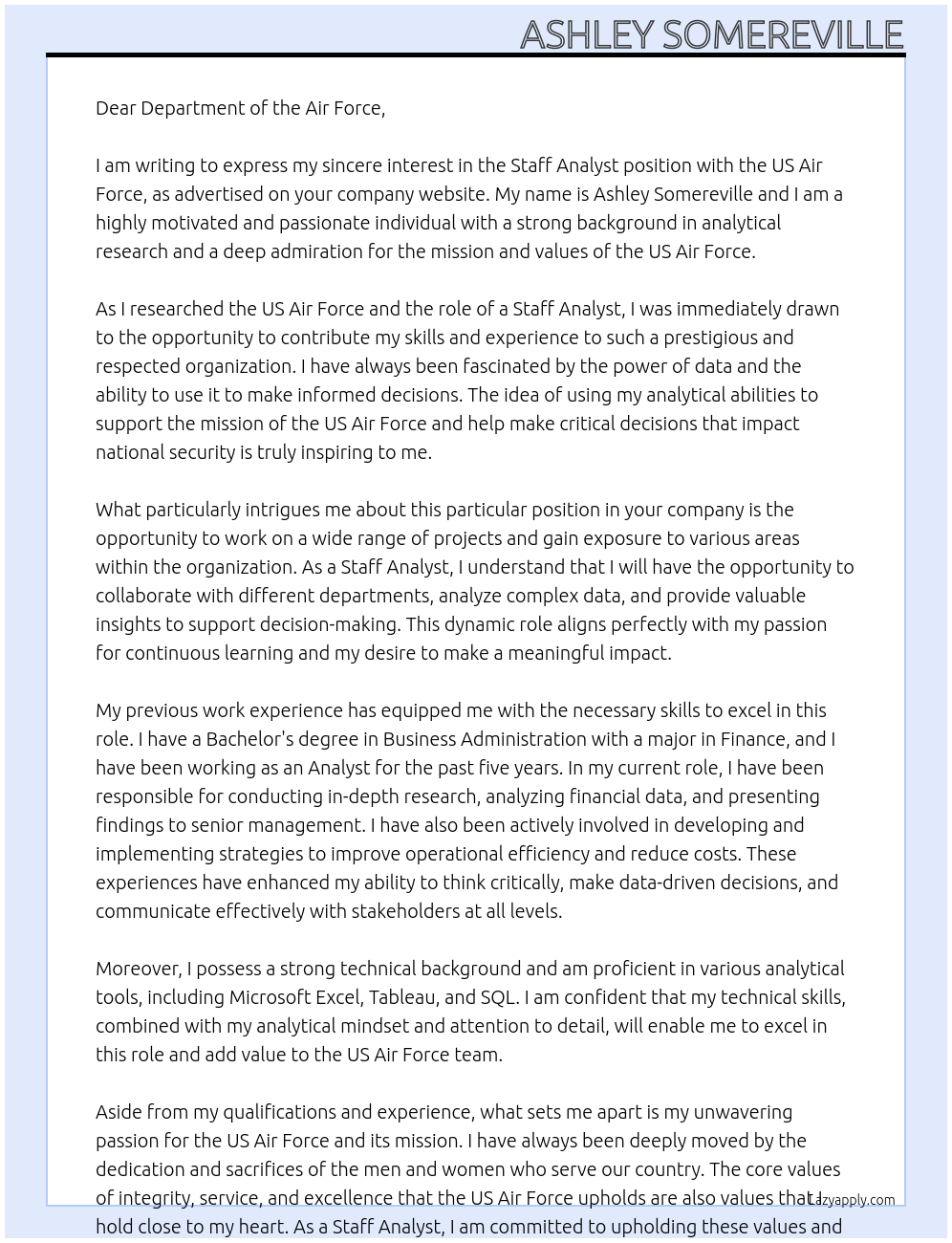 Staff Analyst At US Air Force Cover Letter