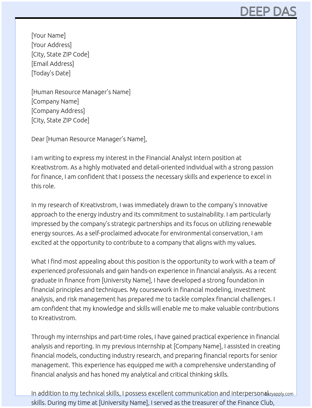 Financial Analyst -Intern At Kreativstrom Cover Letter