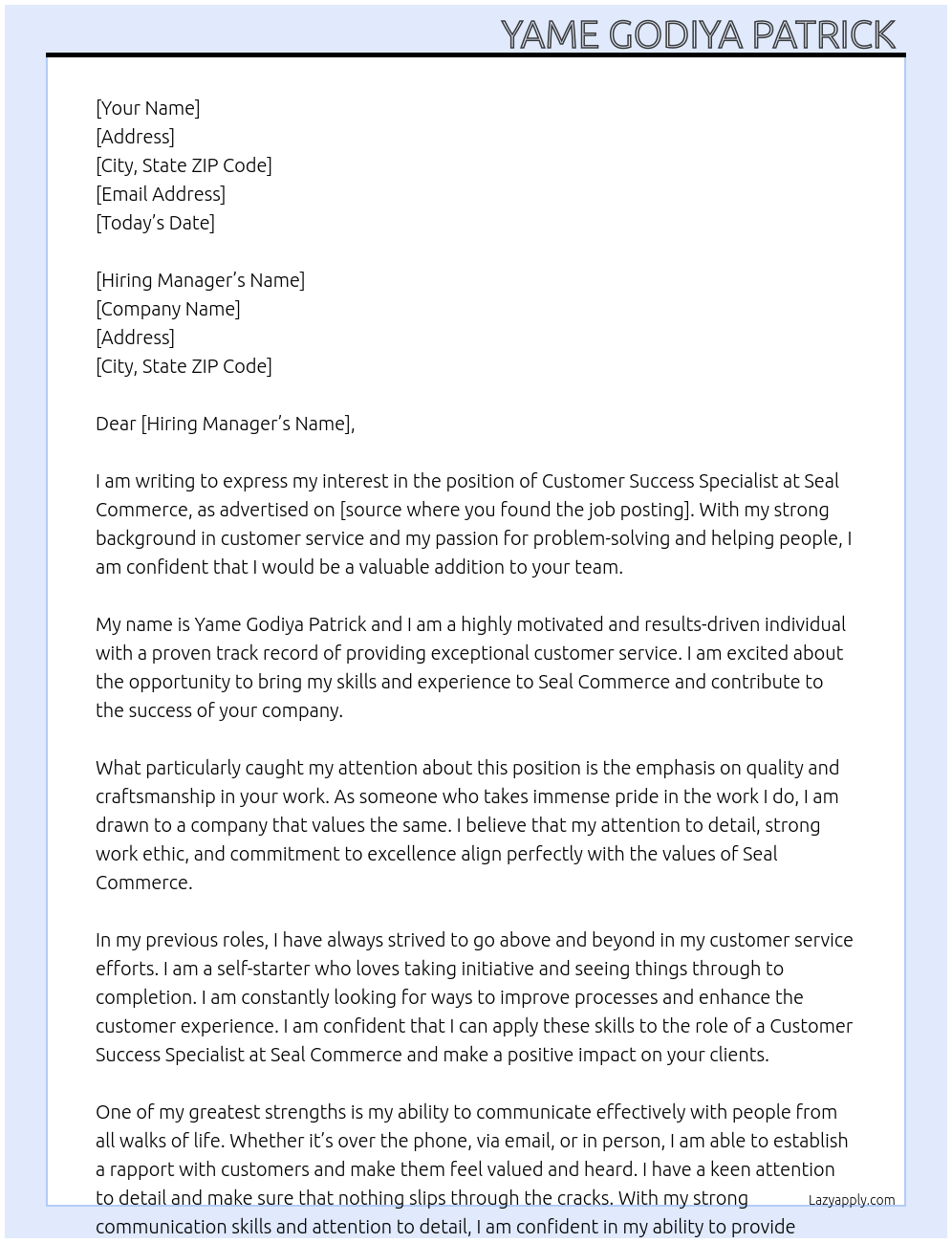 Customer success specialist At Seal commerce Cover Letter