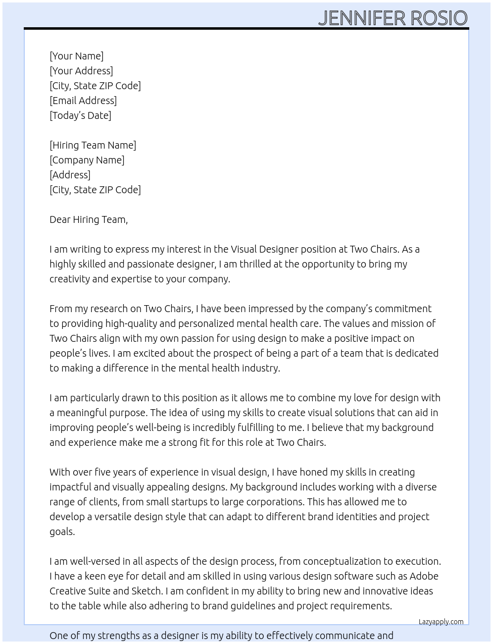 Visual Designer At Two Chairs Cover Letter