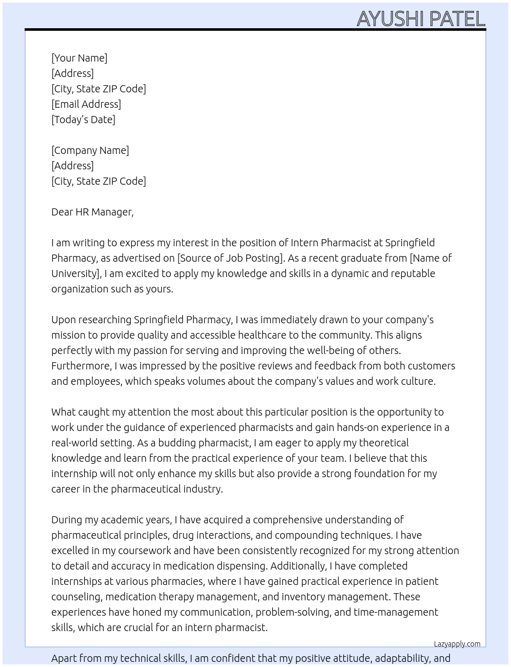 intern pharmacist At Springfield Pharmacy Cover Letter