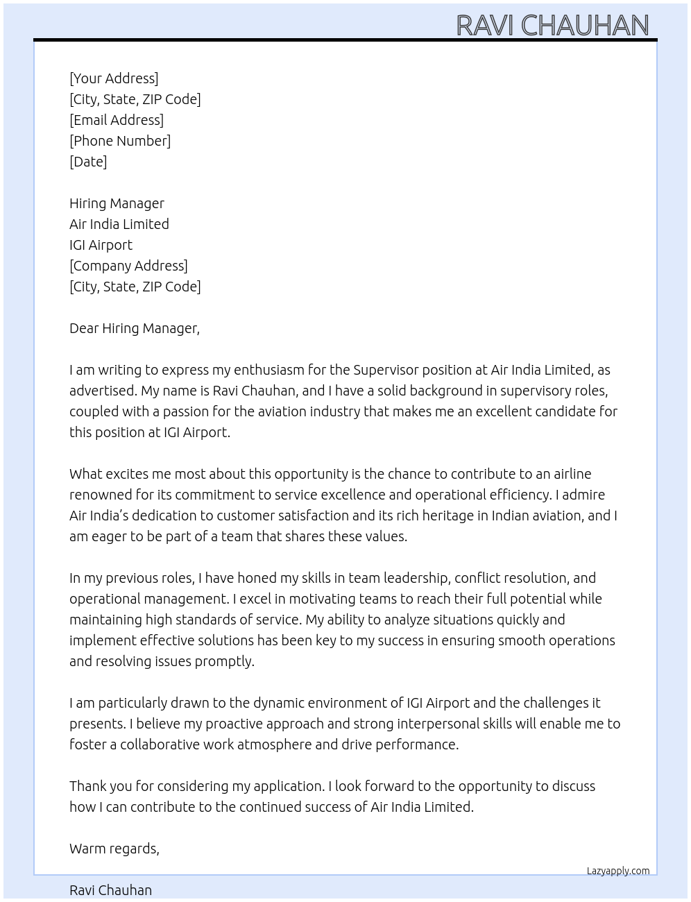 Supervisor At Air India Limited Cover Letter