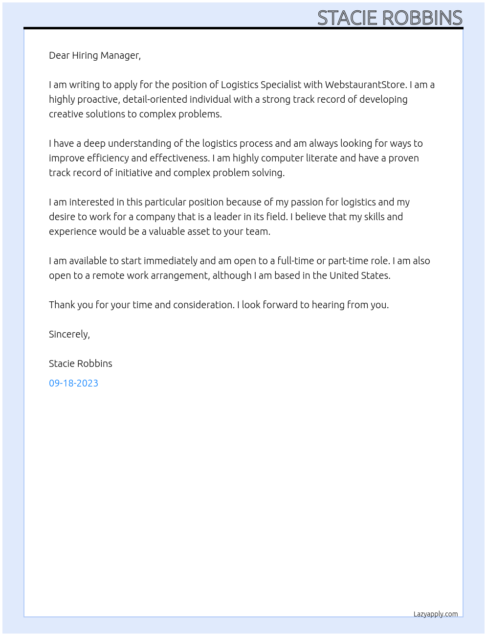 Logistics Specialist At WebstaurantStore Cover Letter