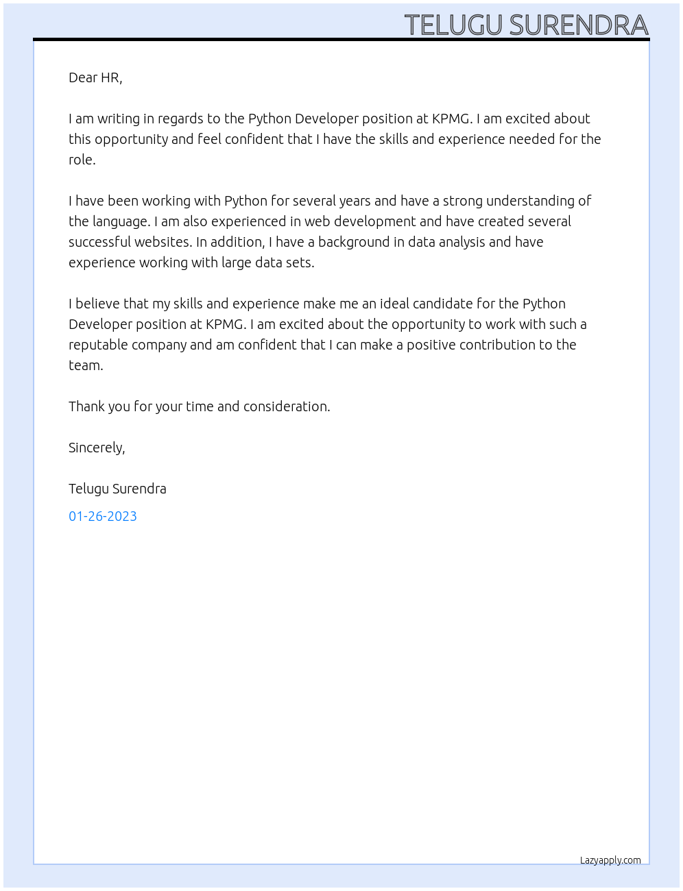 Cover letter for python dveloper - LazyApply