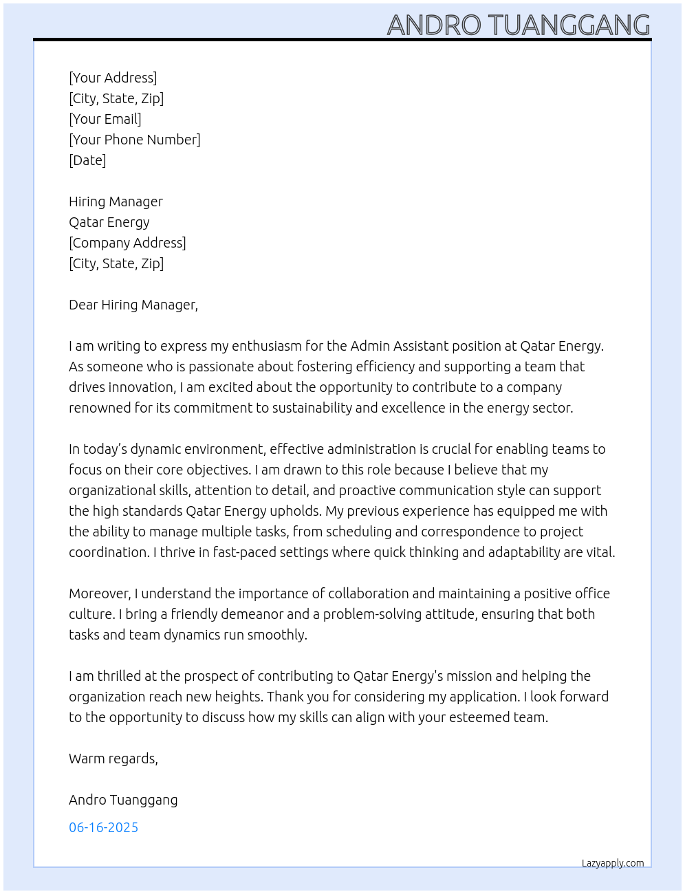 Admin Assistant At Qatar Energy Cover Letter