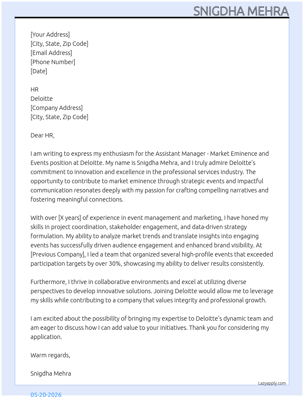 Assistant Manager - Market Eminence and Events At Deloitte Cover Letter