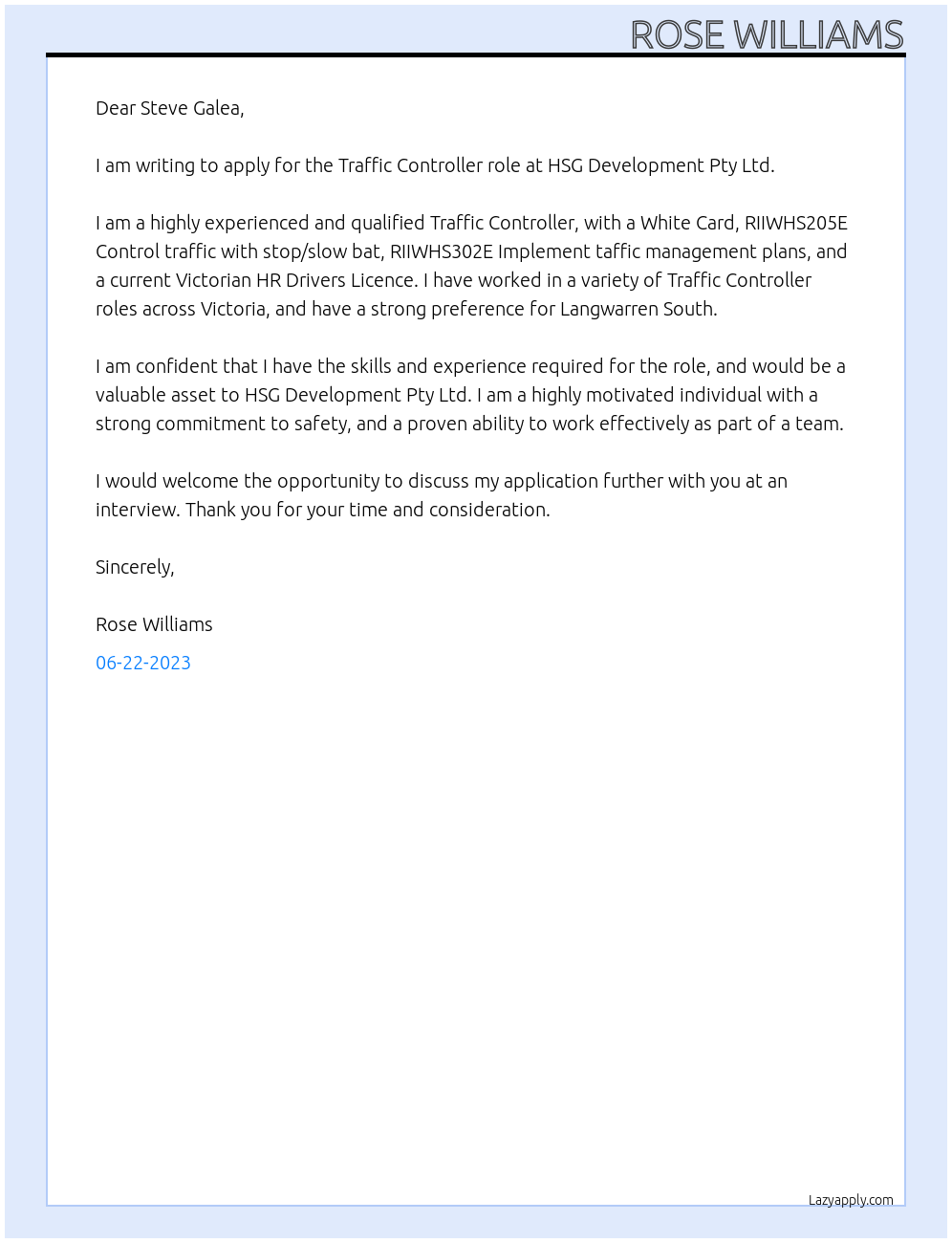 Traffic Controller At HSG Development Pty Ltd Cover Letter