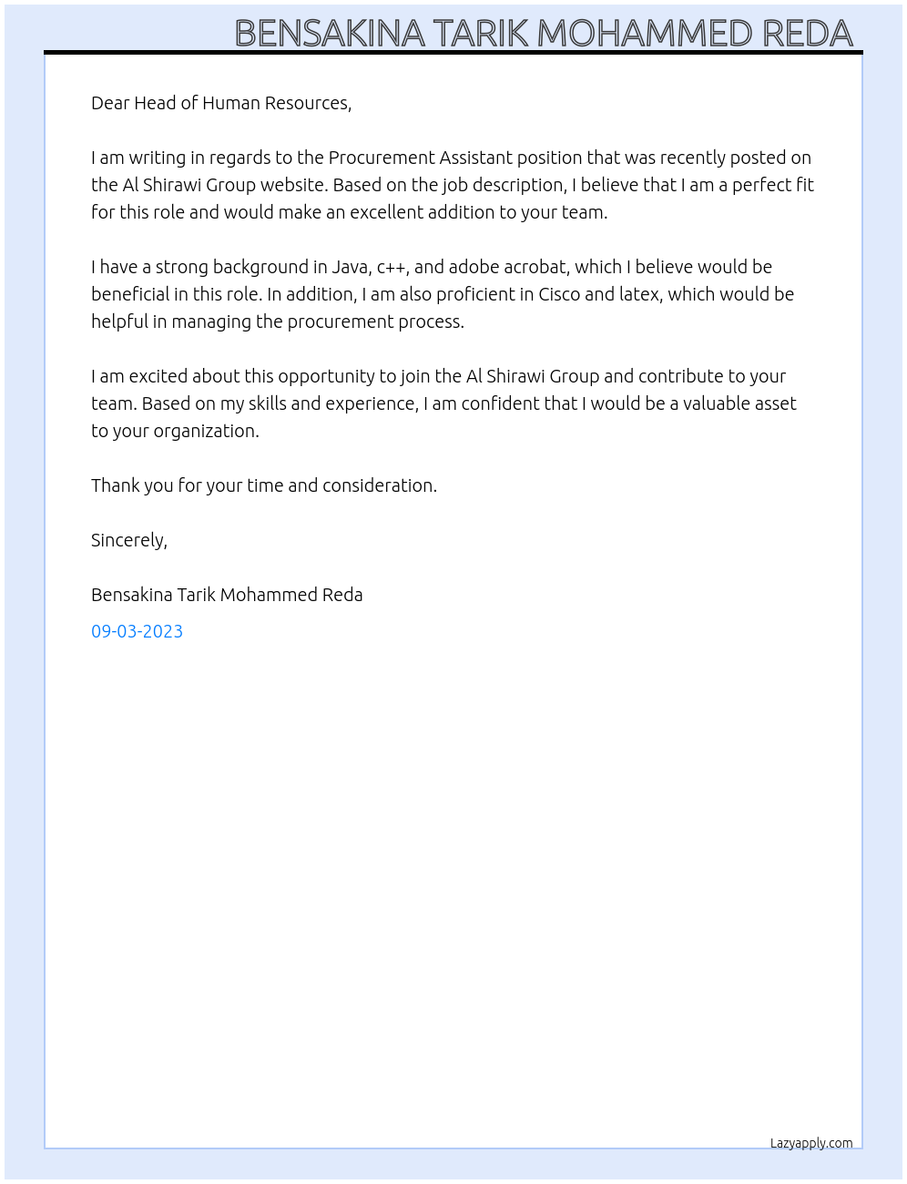 Procurement assistant At Al shirawi group Cover Letter