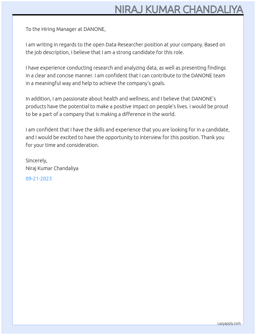 Data Researcher At DANONE Cover Letter