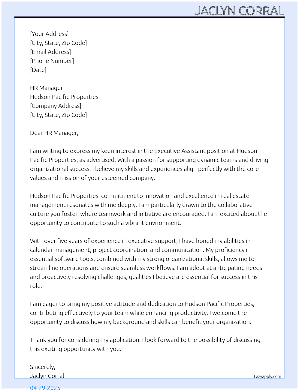 Executive Assistant  At Hudson Pacific Properties Cover Letter