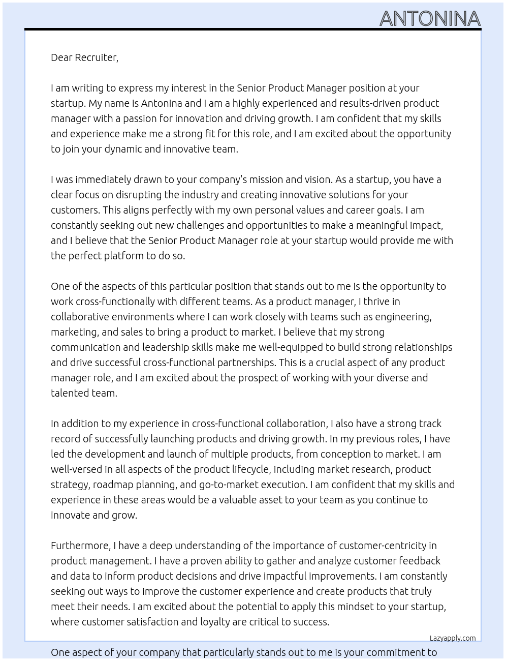 Senior Product Manager At startup Cover Letter