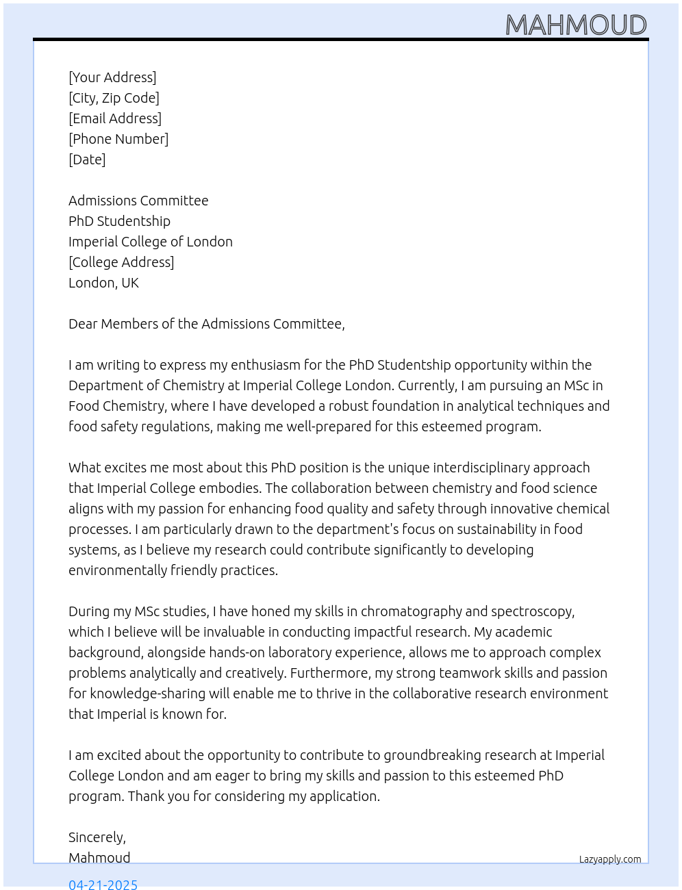 Cover letter for phd studentship - LazyApply