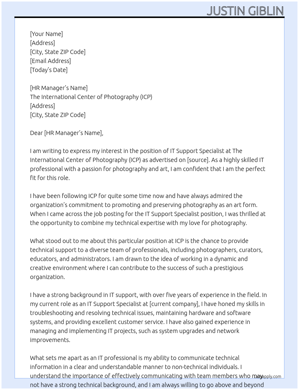 IT Support Specialist At The International Center of Photography (ICP) Cover Letter