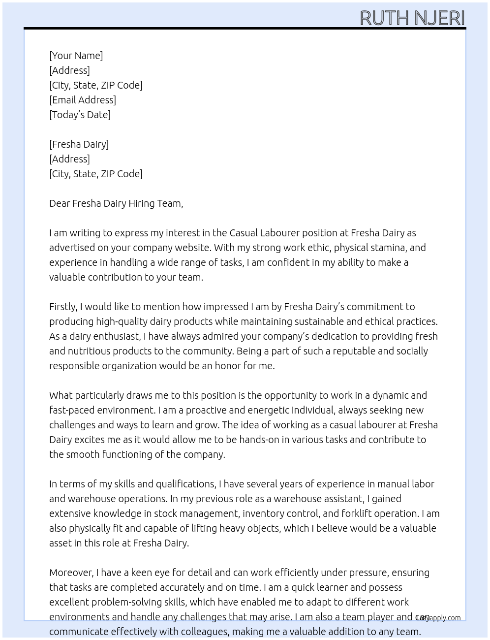 casual labourer At fresha dairy Cover Letter