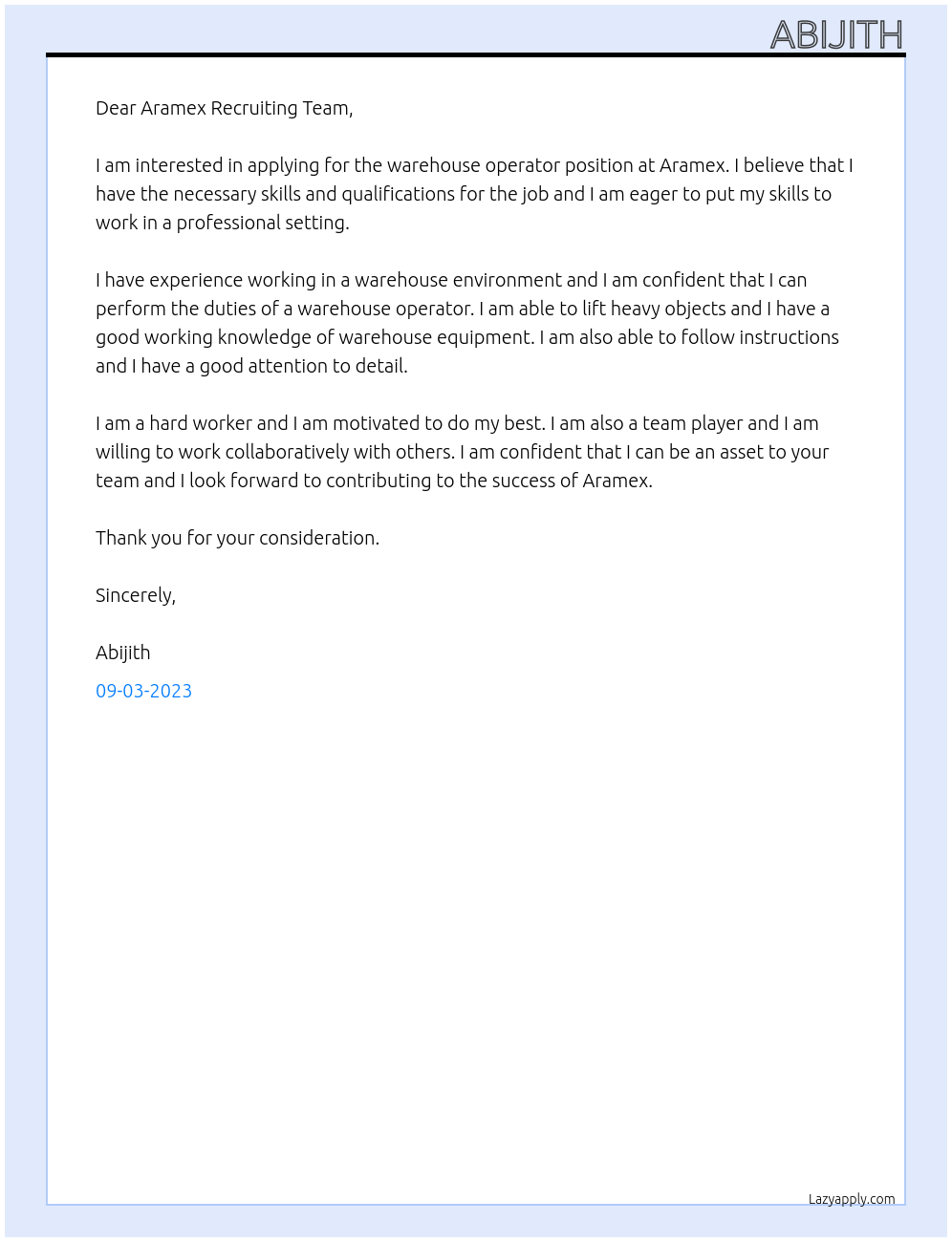 Warehouse operator At Aramex Cover Letter