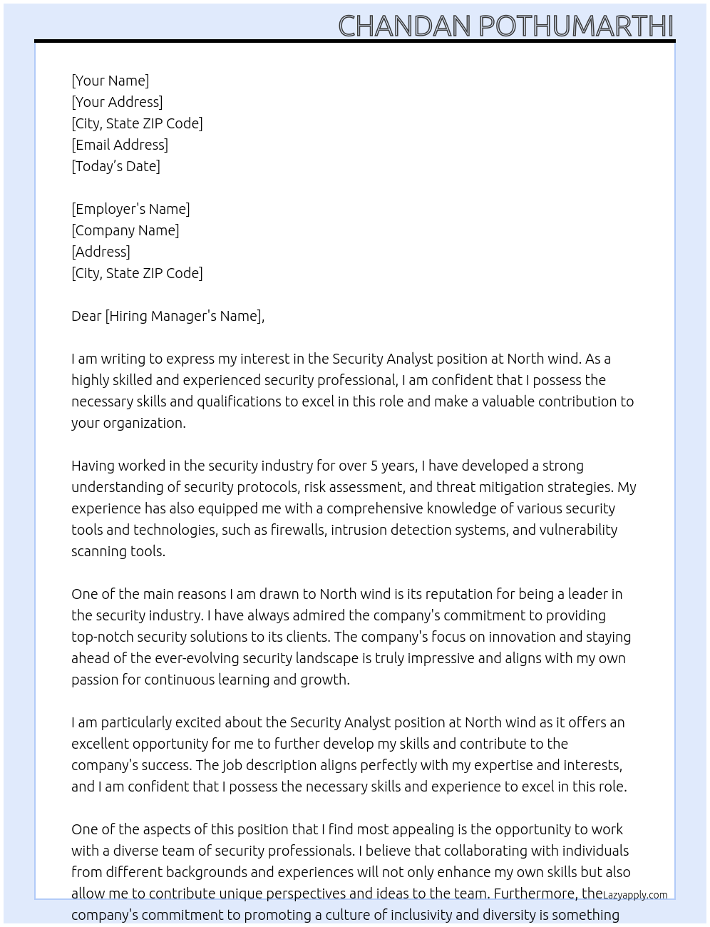 Security Analyst At North wind Cover Letter