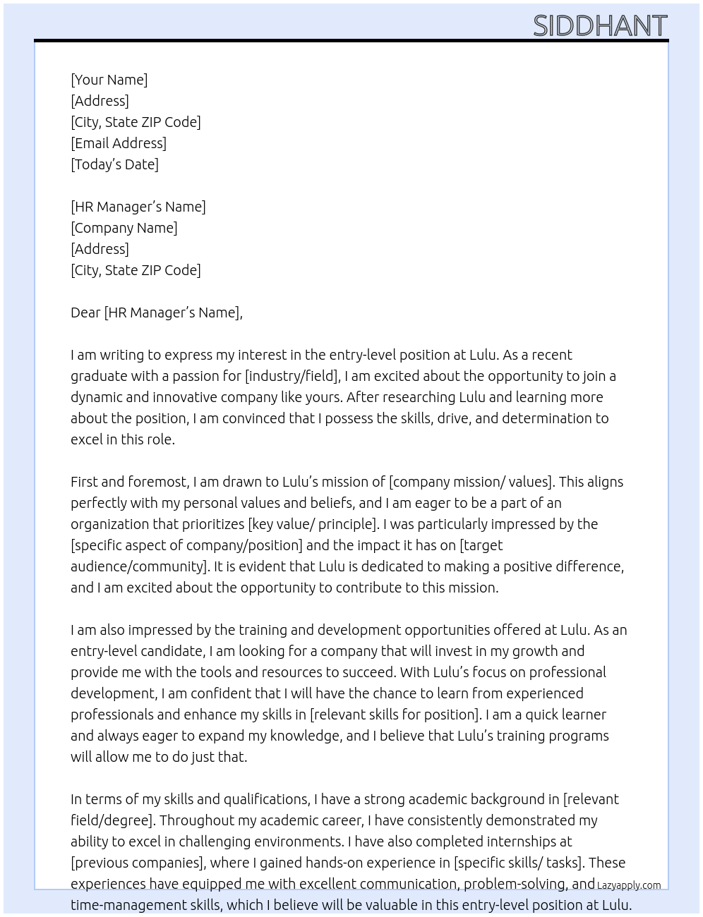 entry level  At lulu Cover Letter