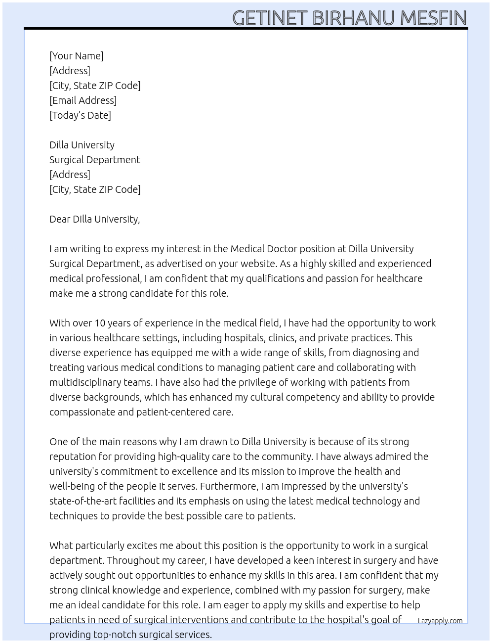 Medical Doctor At Dilla University surgical department Cover Letter