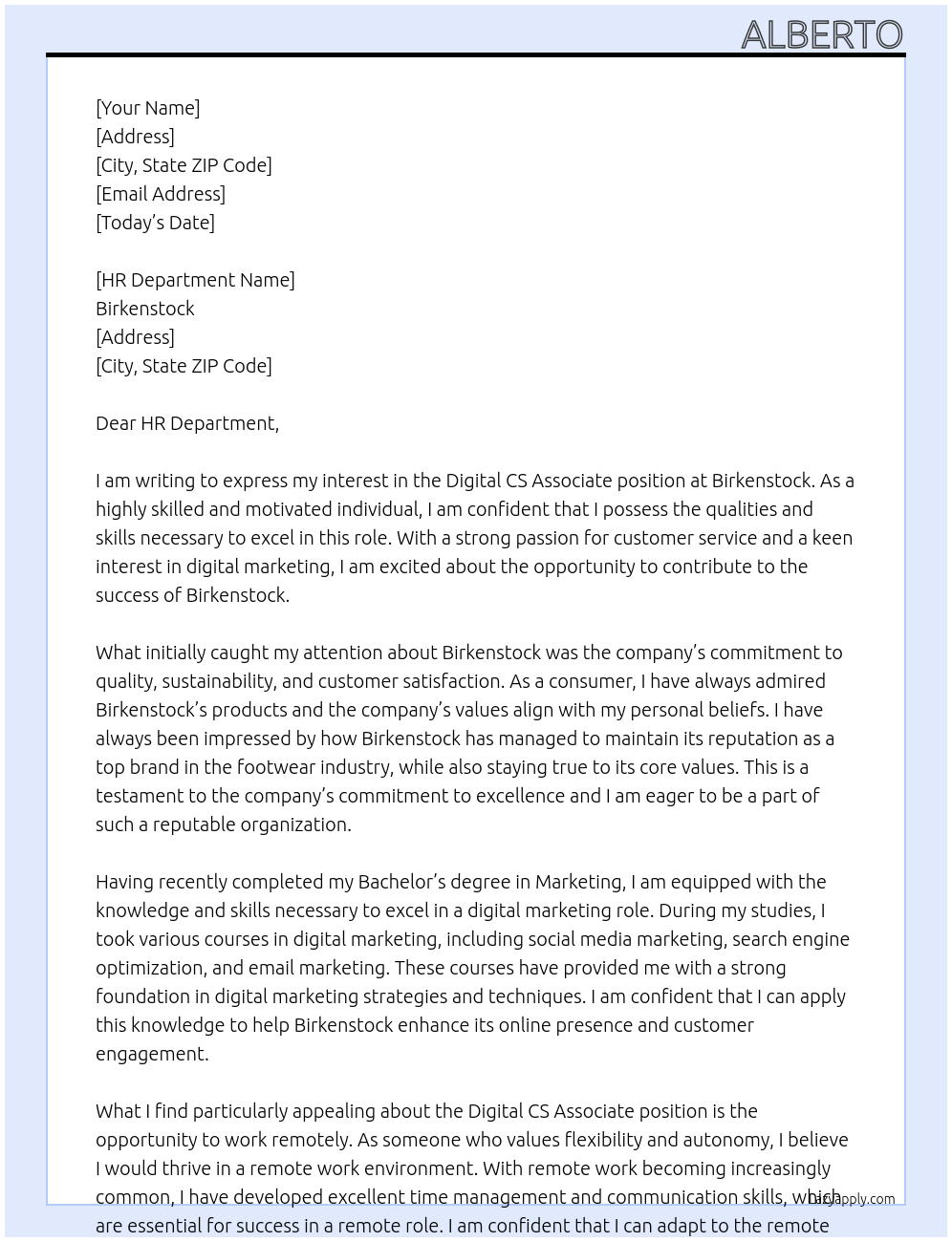 Digital CS Associate At Birkenstock Cover Letter